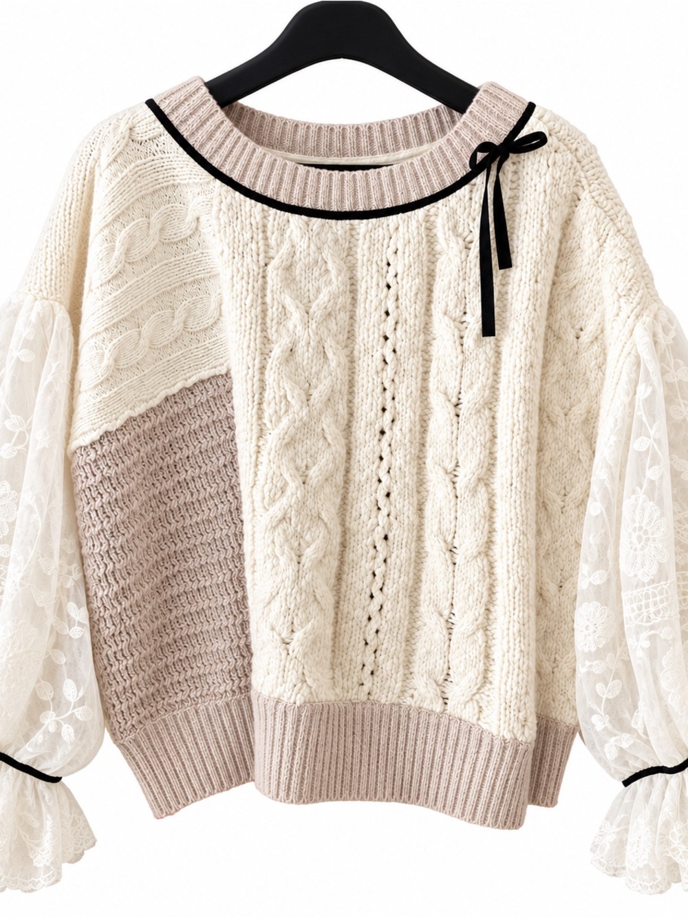 By Anthropologie Lace Cable Twofer Sweater 1X Ivory Embroidered Sleeve
